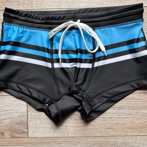 Cassis Square Cut Swim Trunks in Blue, Black & White (Medium / 30-32" Waist) - Picture 6 of 13